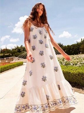 Agua by Agua Bendita Bossa scoop Neck Maxi Dress Blue Floral Embroidery $1300